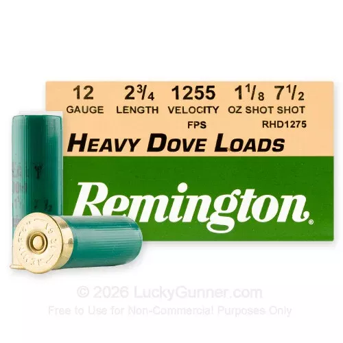 12 ga – 2-3/4″ Lead Shot – 1-1/8 oz. – #7.5 –Remington Heavy Dove Loads – 250 Rounds