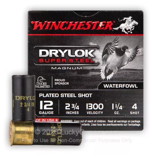 12 Gauge – 2-3/4″ 1-1/4 oz. #4 Steel Shot – Winchester Drylok Super Steel – 250 Shells