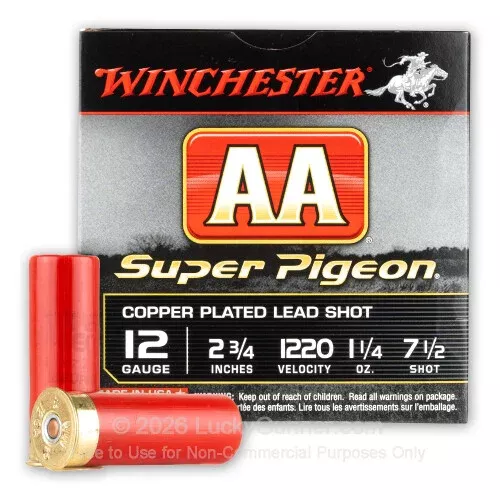 12 Gauge – 2-3/4″ 1-1/4oz. #7.5 Shot – Winchester AA Super Pigeon – 250 Rounds