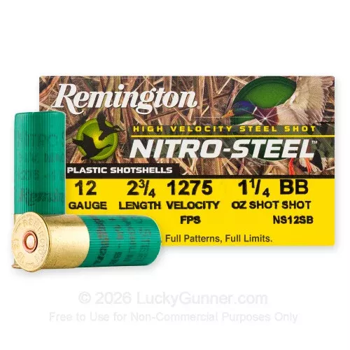 12 Gauge – 2-3/4″ 1-1/4oz. BB Shot – Remington Nitro-Steel – 25 Rounds