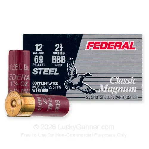 12 Gauge – 2-3/4″ 1-1/4oz. BBB Steel Shot – Federal Classic Steel – 25 Rounds