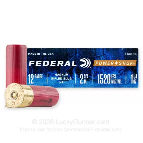 12 Gauge – 2-3/4″ 1-1/4oz. HP Rifled Slug – Federal Power-Shok – 250 Rounds