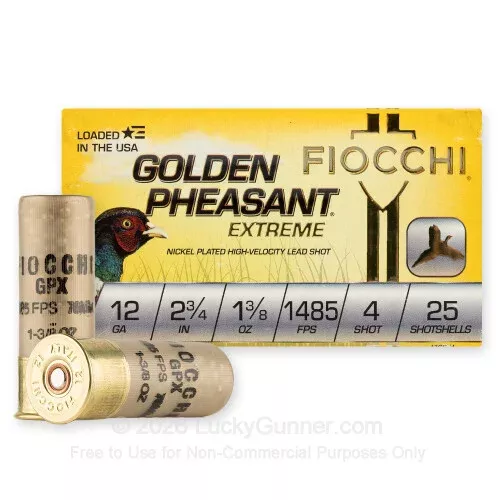 12 Gauge – 2-3/4″ 1-3/8oz. #4 Shot – Fiocchi Golden Pheasant Extreme – 25 Rounds