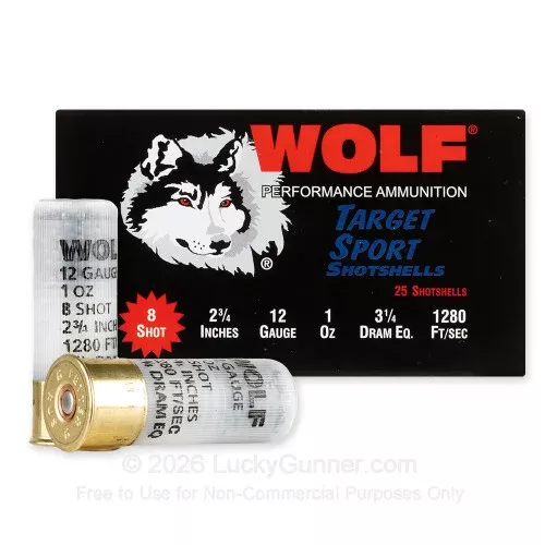 12 Gauge – 2-3/4″ 1oz. #8 Shot – Wolf Target Sport – 25 Rounds