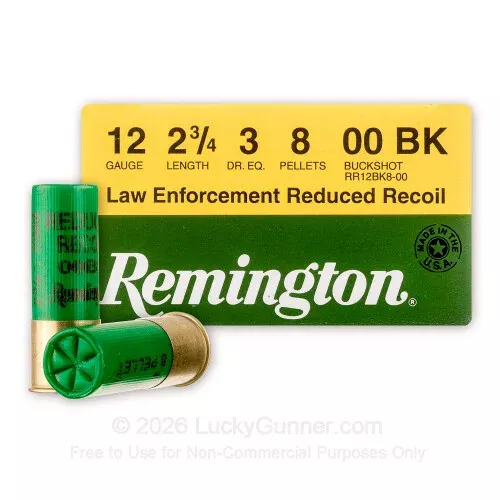 12 Gauge – 2-3/4″ 8 Pellet 00 Buckshot – Remington LE Reduced Recoil – 250 Rounds