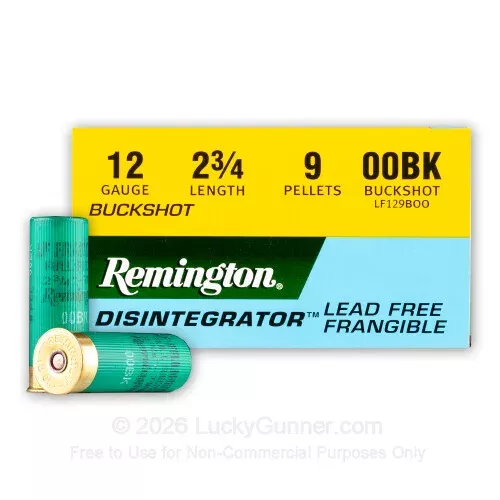 12 Gauge – 2-3/4″ 9 Pellet 00 Buckshot – Remington Disintegrator Frangible – 25 Rounds