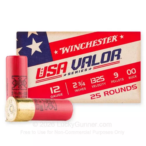 12 Gauge – 2-3/4″ 9 Pellets 00 Buckshot – Winchester USA VALOR – 250 Rounds