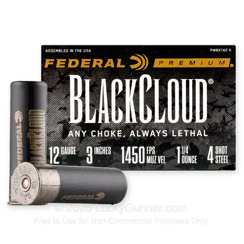 12 Gauge – 3″ 1-1/4oz. #4 Steel Shot – Federal Black Cloud – 25 Rounds