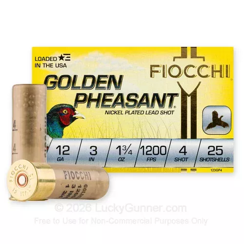 12 Gauge – 3″ 1-3/4oz. #4 Shot – Fiocchi Golden Pheasant – 25 Rounds