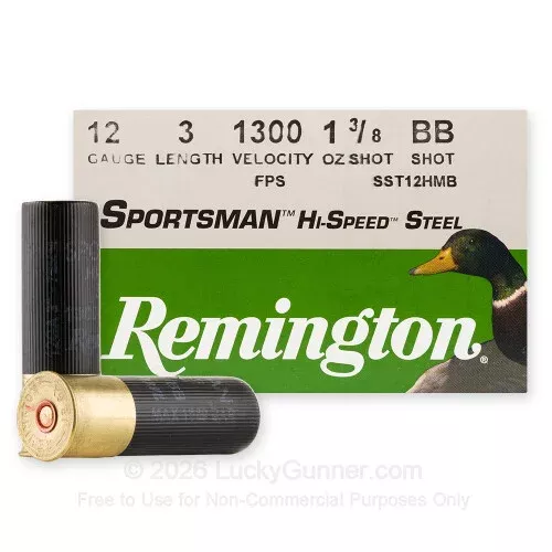 12 Gauge – 3″ 1-3/8oz. BB Steel Shot – Remington Sportsman Hi-Speed Steel – 25 Rounds