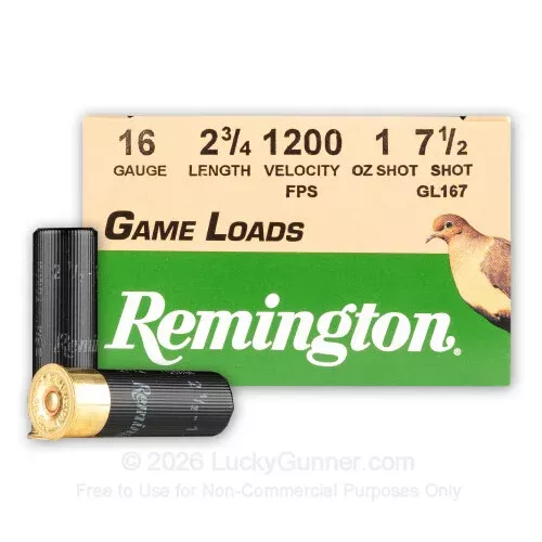 16 Gauge – 2-3/4″ 1oz. #7.5 Shot – Remington Game Loads – 250 Rounds