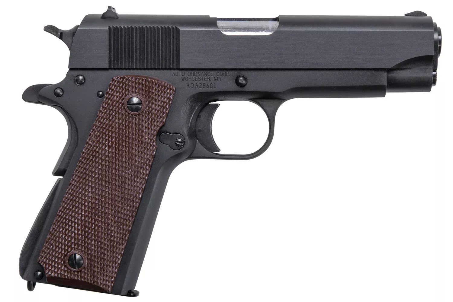 Auto-Ordnance 1911BKOC 1911 A1 Commander 45 ACP 7+1 4.25″ Matte Black SerratedCarbon Steel Slide Matte Black Matte Black Carbon Steel Brown Checkered Polymer Grips Right Hand