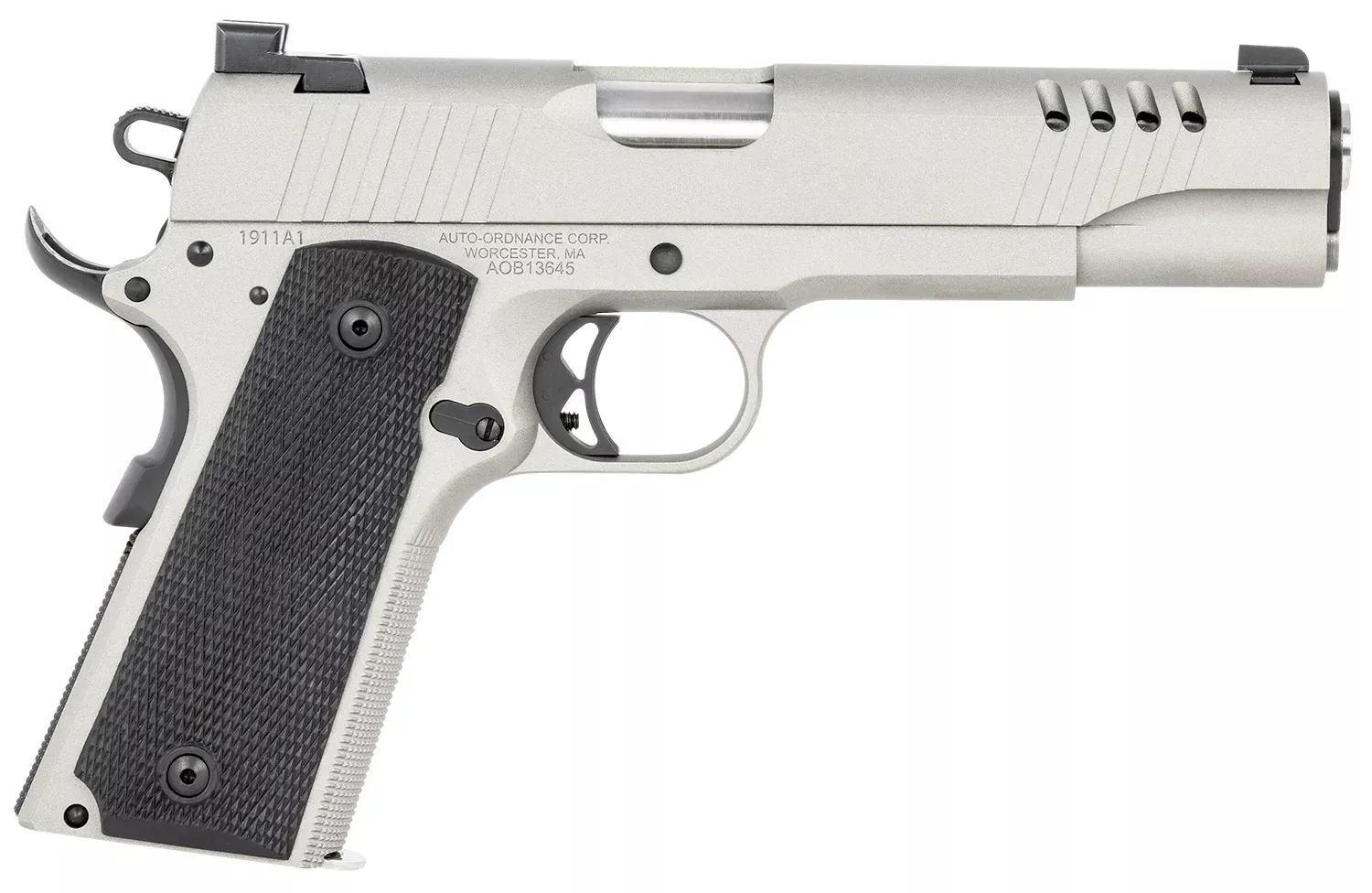 Auto-Ordnance 1911TCAC6 1911 A1 45 ACP 7+1 5″ Savage Silver Cerakoate, Serrated/Ported Slide, Black Rubber Grips, Fixed 3-DOT Combat Day Sights