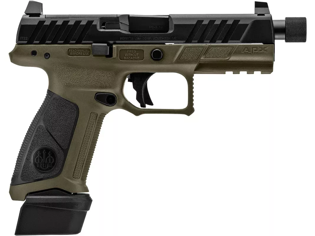 Beretta APX A1 Tactical 9mm Luger Pistol 4.8″ Threaded Barrel 21+1 Round Black Slide Black Grip OD Green Frame