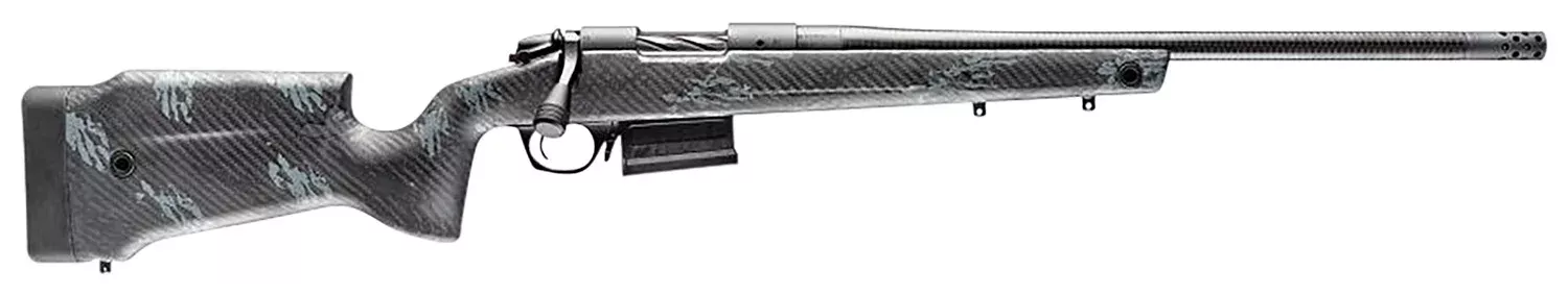 Bergara Rifles B14LM7513CF B-14 Crest 7mm PRC 5+1 22″ Sniper Gray Cerakote #5 Contour Threaded Barrel, Sniper Gray Cerakote Steel Receiver, Black & Gray Sponge Fixed Carbon Fiber Stock