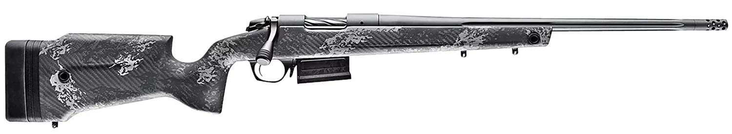 Bergara Rifles B14SM759 B-14 Crest 6.5 PRC 3+1 20″ Fluted/Threaded, Sniper Gray Cerakote Barrel/Rec, Monte Carlo Carbon Fiber Stock with Black & Gray Splatter, Omni Muzzle Brake