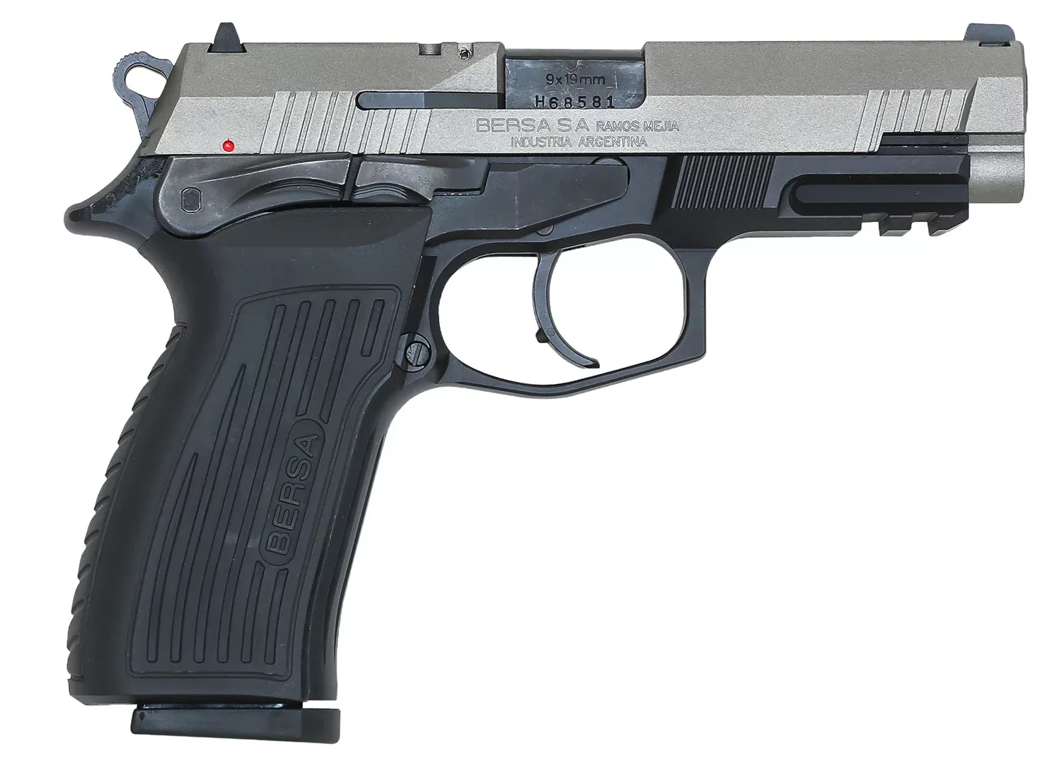 Bersa TPR9DT TPRFull Size Frame 9mm Luger 17+1, 4.30″ Black Steel Barrel, Nickel Cerakote Serrated Steel Slide, Matte Black Aluminum Frame w/Picatinny Rail, Ambidextrous