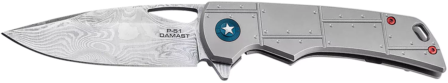Boker 01BO910DAM P-51 Damast3.35" Drop Point Plain Silver Acid Etch Damascus Blade Titanium Handle
