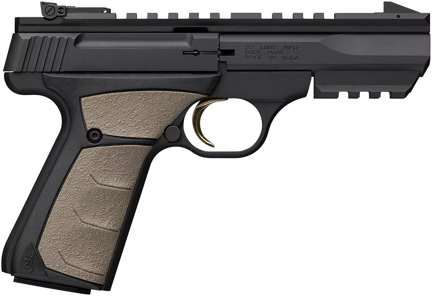 Browning 051601490 Buck Mark Black Label URX 22 LR 10+1 5.50″ Matte Blued Contoured Barrel, Matte Black Serrated Slide, Matte Black Aluminum Frame w/Picatinny Rail, FDE UFX Overmolded Grip