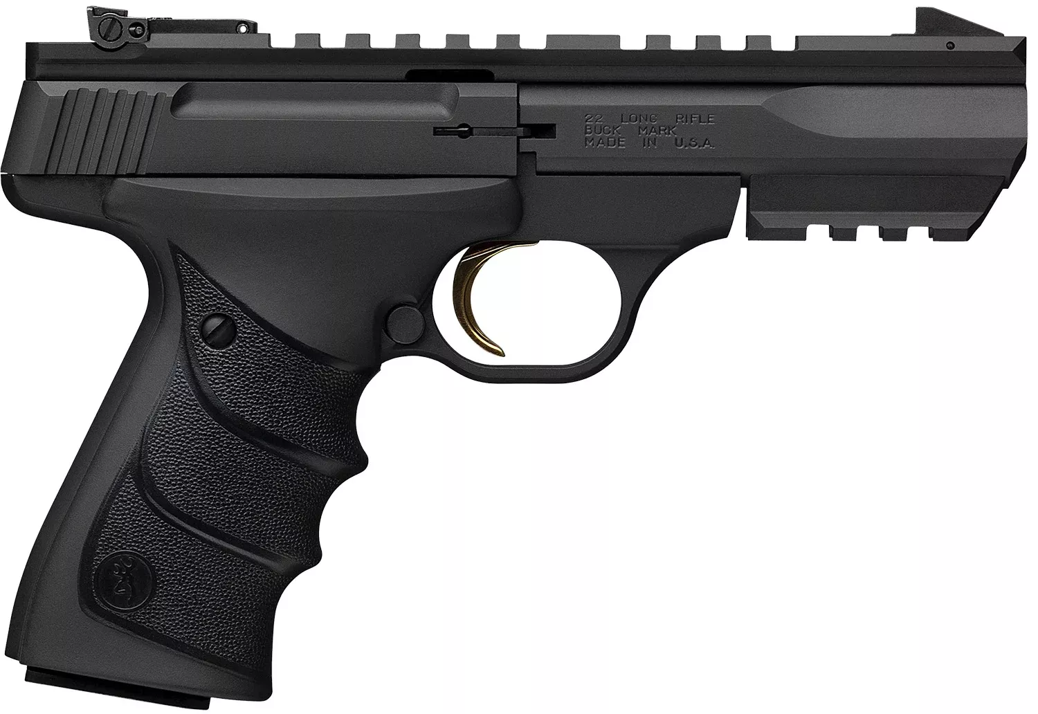 Browning 051602490 Buck Mark Black Label URX 22 LR 10+1 5.50″ Matte Blued Contoured Barrel, Matte Black Serrated Slide, Matte Black Aluminum Frame w/Picatinny Rail, Black UFX Overmolded Grip