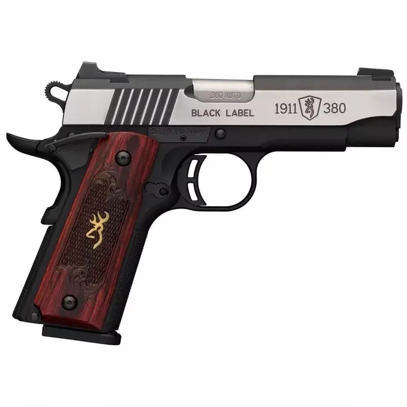Browning 1911 380 Black Label Medallion Pro Handgun 380 ACP 8rd Magazine 3.625″ Barrel Black with Silver Slide and Wood Grip Night Sights