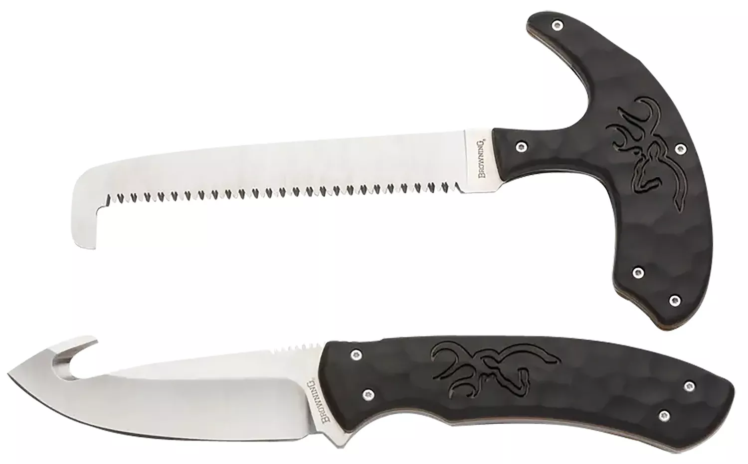 Browning 3220420 Primal Combo3.75"/5.25" Fixed Drop Point Gut Hook/Skinner, Saw 8Cr13MoV SS Blade, Black Polymer w/Rubber Overmold & Finger Grooves Handle, 2 Piece Set, Includes Sheath