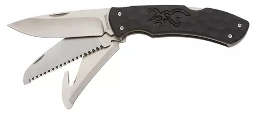 Browning 3220430 Primal Kodiak Slim 3.75" Folding Drop Point/Gut Hook/Saw 8Cr13MoV SS Blade Black Polymer w/Rubber Overmold Handle Includes Nylon Belt Pouch