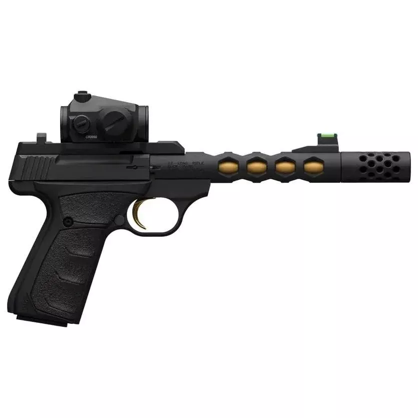 Browning Buck Mark Vision Handgun .22 LR 10rd Magazine 5.875″ 1/2×28 Threaded Barrel Black Gold with Vortex Red Dot
