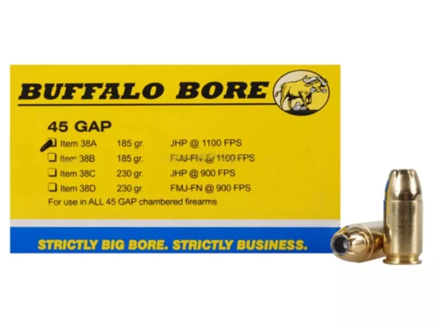 Buffalo Bore 45 GAP Ammo 185 Grain Jacketed Hollow Point Box of 20