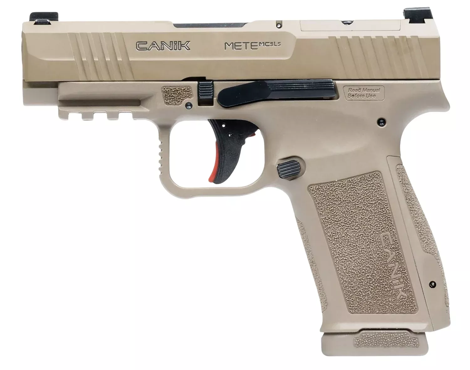 Canik HG7885CAD-N Mete MC9LS *CA Compliant 9mm Luger 10+1 3.63″ Black Steel Barrel, Desert Cerakote Steel Serrated Slide, Flat Dark Earth Polymer Frame w/Picatinny Rail, Interchangeable Backstrap Grip