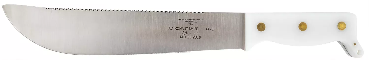 Case 12019 Astronaut M-1 Commemorative 11.75″ Fixed Machete Plain/Saw As-Ground High Carbon Steel Blade/Smooth White Synthetic Handle