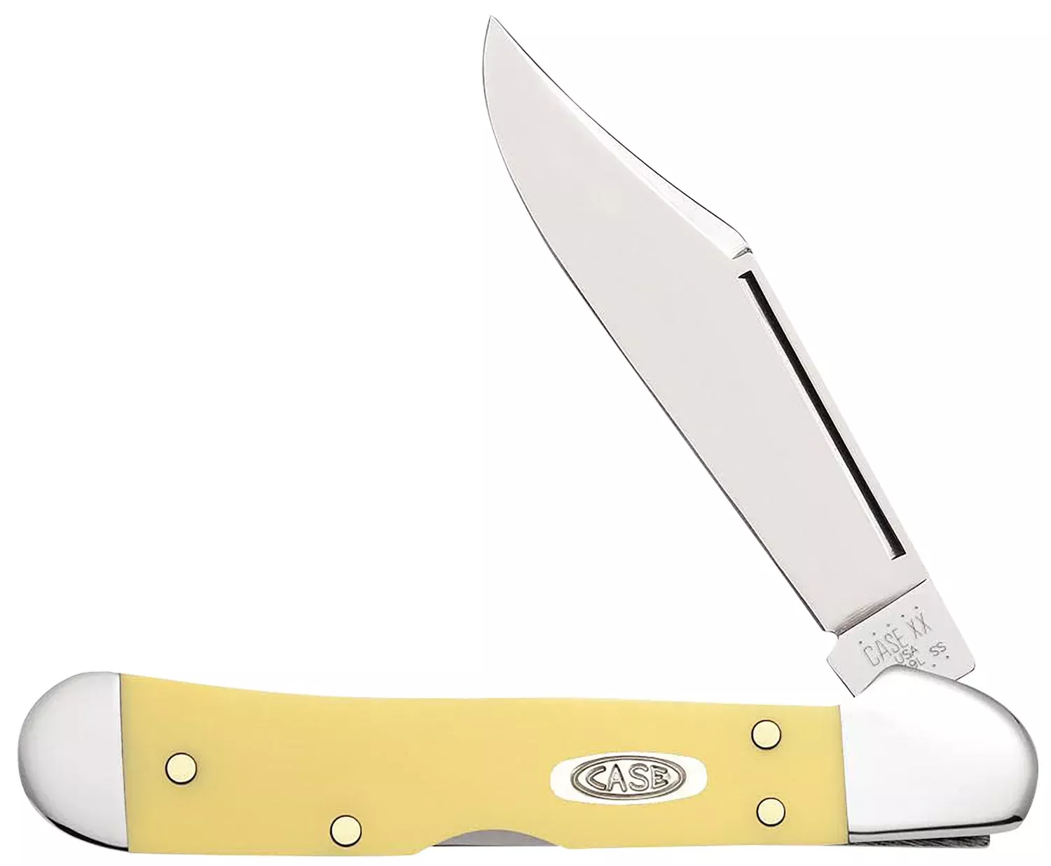 Case 30116 CopperLockMini 2.72" Folding Clip Point Plain Mirror Polished Carbon Steel Blade, Yellow Synthetic Handle