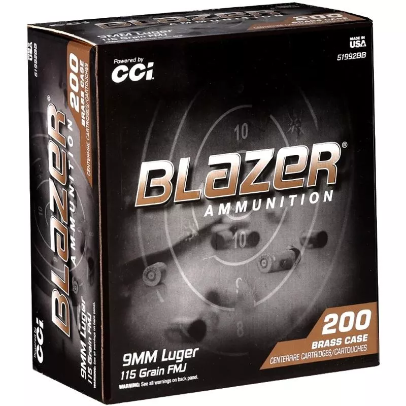 CCI Blazer Brass Handgun Ammunition 9mm Luger 115gr FMJ 1145 fps 200/ct