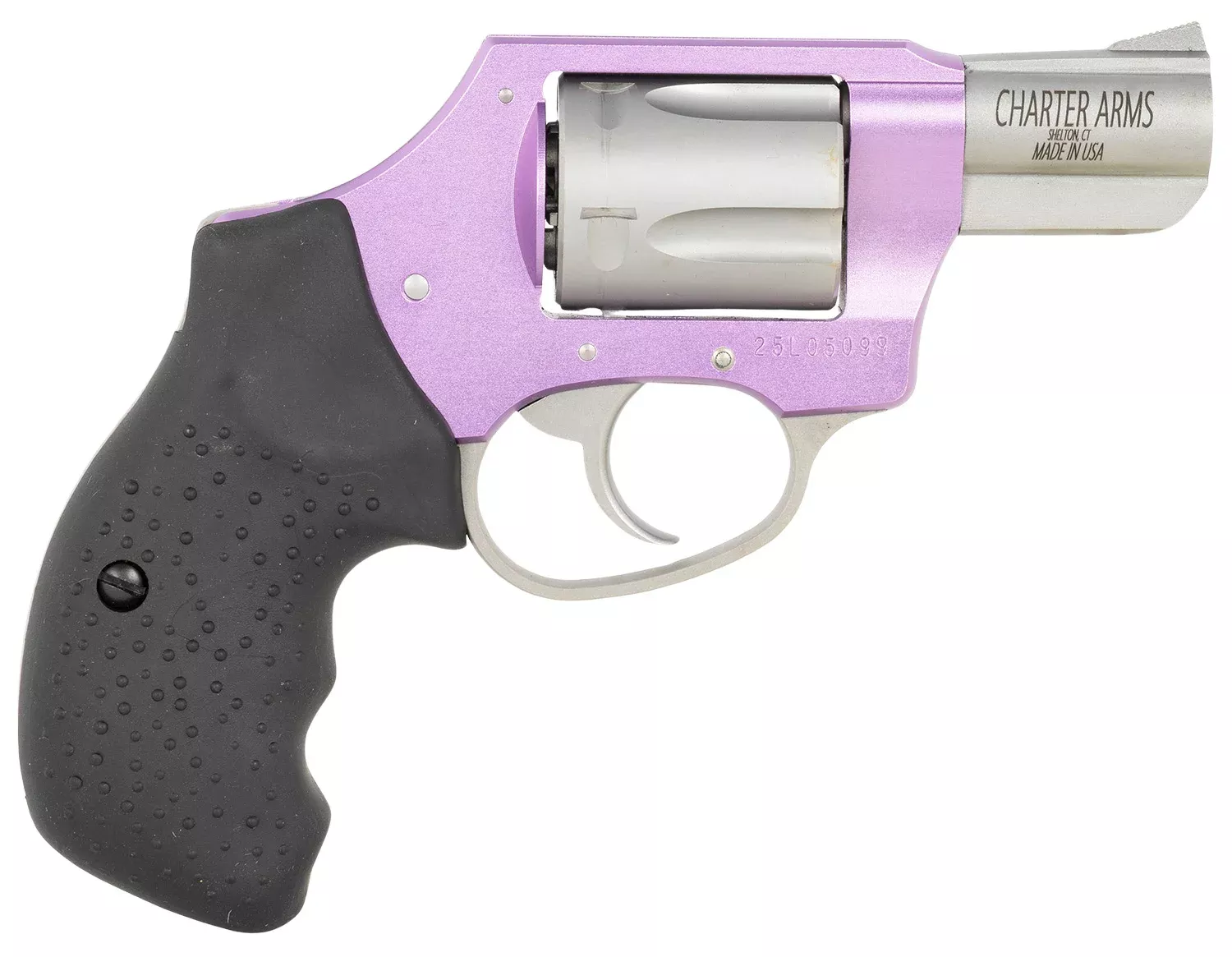 Charter Arms 53841 Undercover Lite Lavender Lady Small 38 Special 5rd 2″ Stainless Steel Barrel & Cylinder, Lavender Aluminum Frame, Black Finger Grooved Rubber Grip, Concealed Hammer