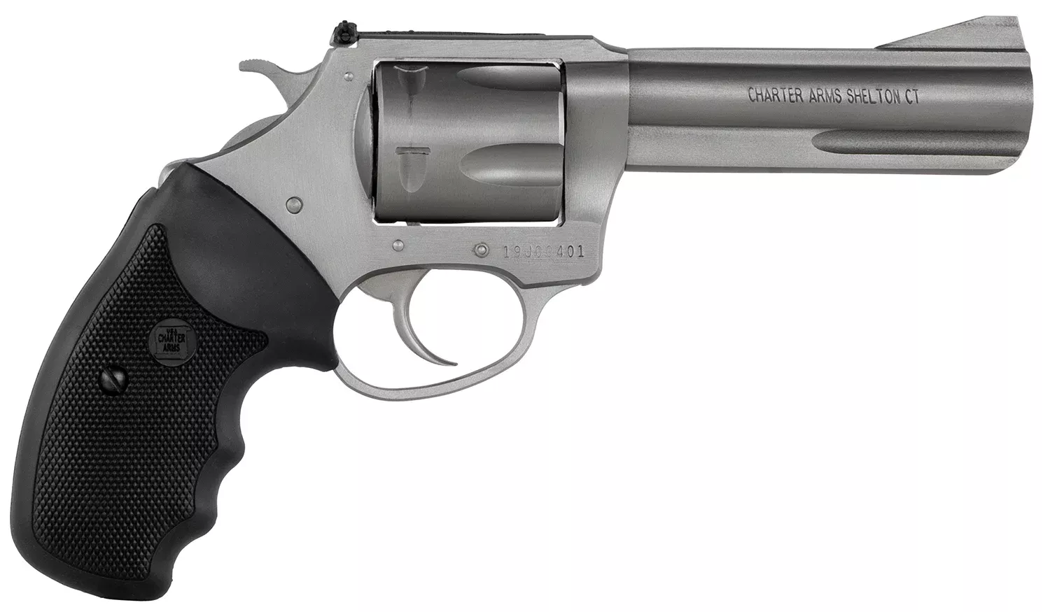 Charter Arms 74042 Pitbull40 S&W 5 Shot 4.20″ Matte Stainless Steel Barrel, Cylinder & Frame w/Black Finger Grooved Rubber Grip