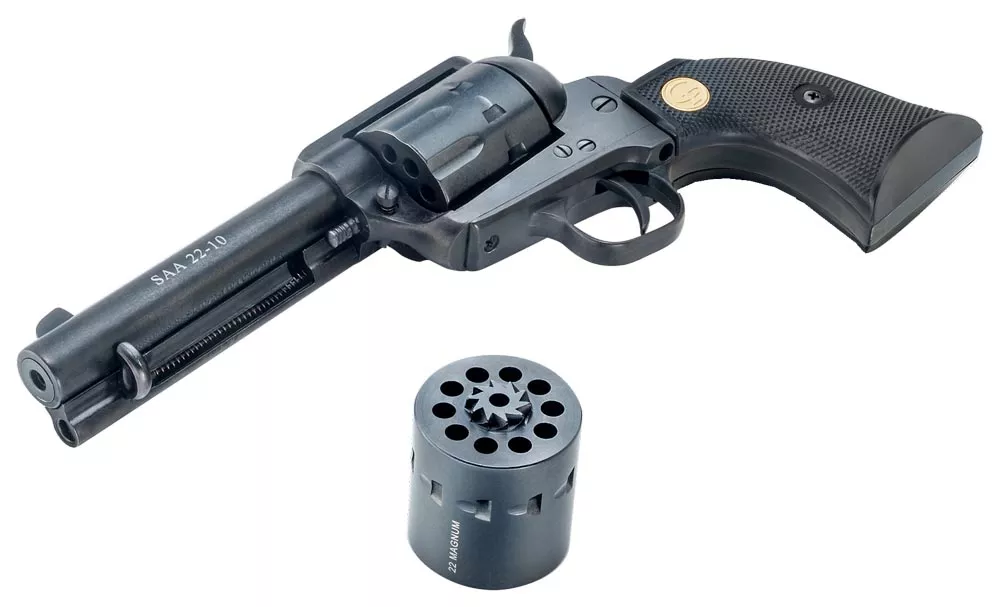 Chiappa Firearms 340170D SAA 1873Medium Frame 22 LR/22 WMR 10 Shot, 7.50" Blued Steel Barrel, Blued Steel Frame, Blued Cylinder, Black Plastic Grip, Exposed Hammer