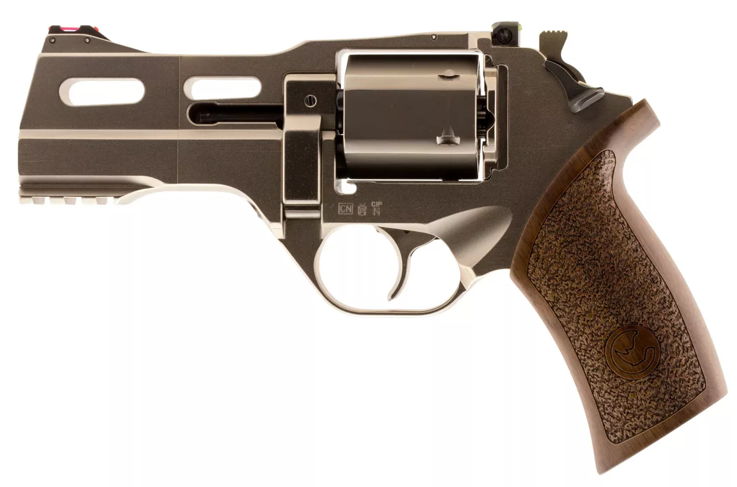 Chiappa Firearms 340222 Rhino 40DS Small Frame 357 Mag 6 Shot, 4″ Nickel-Plated Steel Vent Rib Barrel & Cylinder, Nickel-Plated Aluminum Frame, Walnut Grip, Concealed Hammer