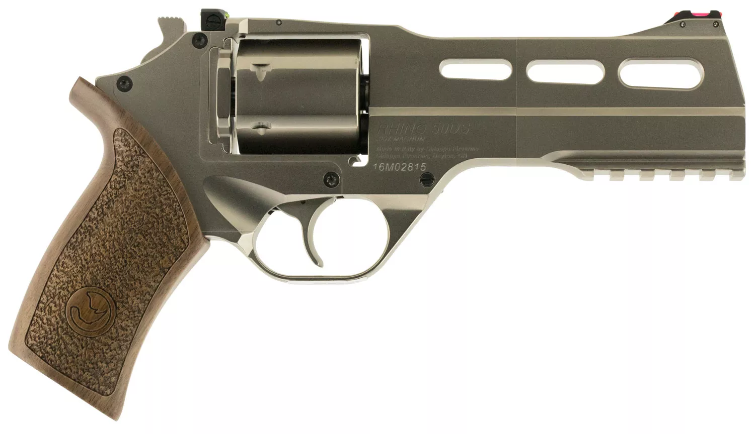 Chiappa Firearms 340223 Rhino 50DS Medium Frame 357 Mag 6 Shot, 5″ Nickel-Plated Steel Vent Rib Barrel & Cylinder, Nickel-Plated Aluminum Frame, Walnut Grip, Exposed Hammer