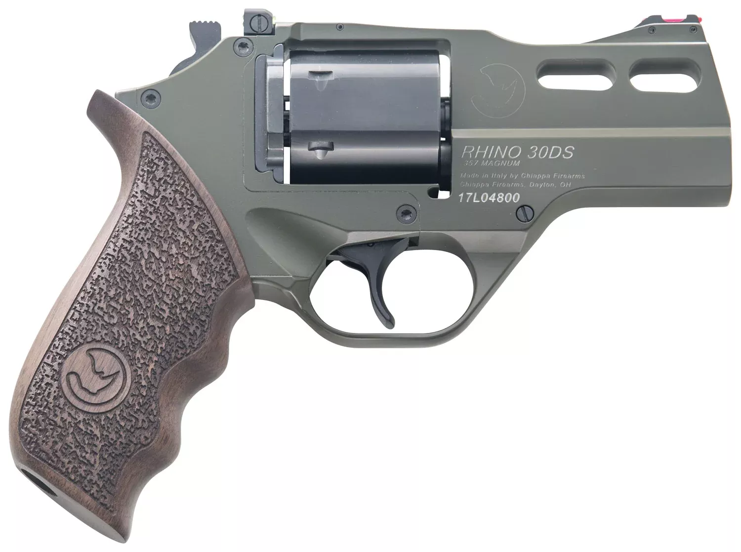 Chiappa Firearms 340285 Rhino 30DSSmall Frame 357 Mag 6 Shot 3″ Green Cerakote Steel Vent Rib Barrel, Blued Steel Cylinder, Green Cerakote Aluminum Frame, Walnut Grip, Concealed Hammer