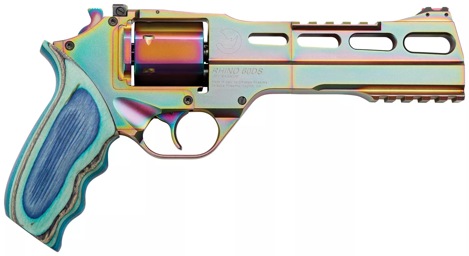 Chiappa Firearms 340301 Rhino 60DS Nebula 357 Mag Caliber with 6″ Picatinny Rail/Vent Rib, 6rd Capacity Cylinder, Overall Rainbow PVD Metal Finish & Blue Laminate Grip