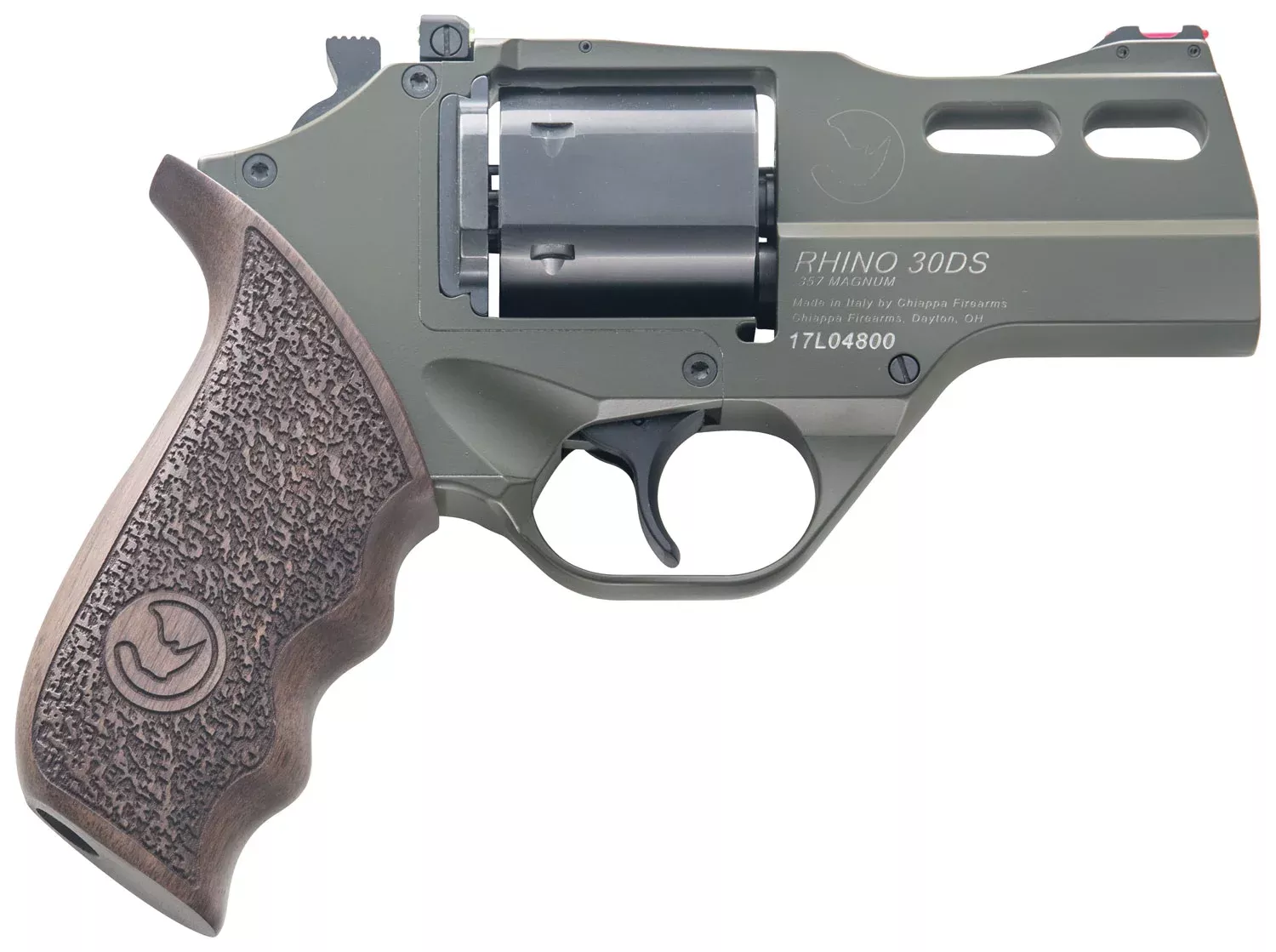 Chiappa Firearms CF340285 Rhino 30SAR *CA Compliant Small Frame 357 Mag 6 Shot, 3″ Green Cerakote Steel Barrel, Blued Steel Cylinder, Green Cerakote Aluminum Frame, Walnut Grip, Exposed Hammer