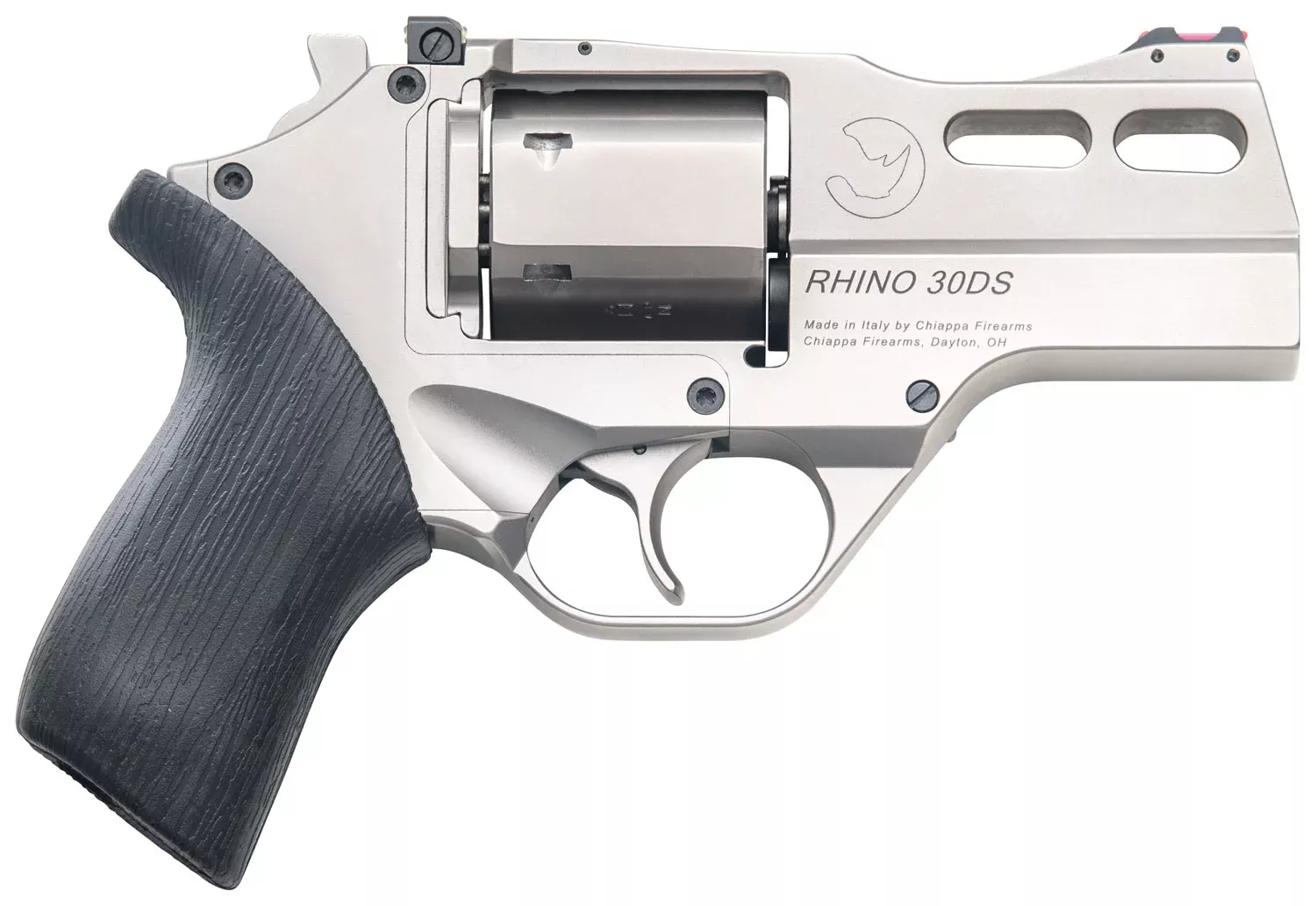 Chiappa Firearms CF340290 Rhino 30SAR *CA Compliant Small Frame 357 Mag 6 Shot, 3″ Nickel-Plated Steel Vent Rib Barrel & Cylinder, Nickel-Plated Aluminum Frame, Black Rubber Grip, Concealed Hammer