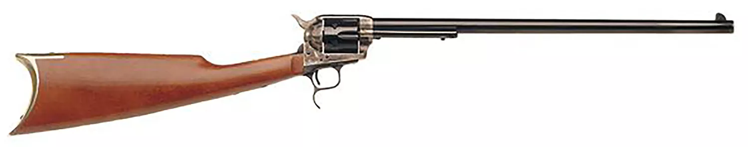 Cimarron MP419 Revolving CarbineFull Size 45 Colt (Long Colt) 6 Shot 18″ Blued Stainless Steel Barrel, Color Case Hardened Stainless Steel Receiver, Walnut Shoulder Stock, Right Hand