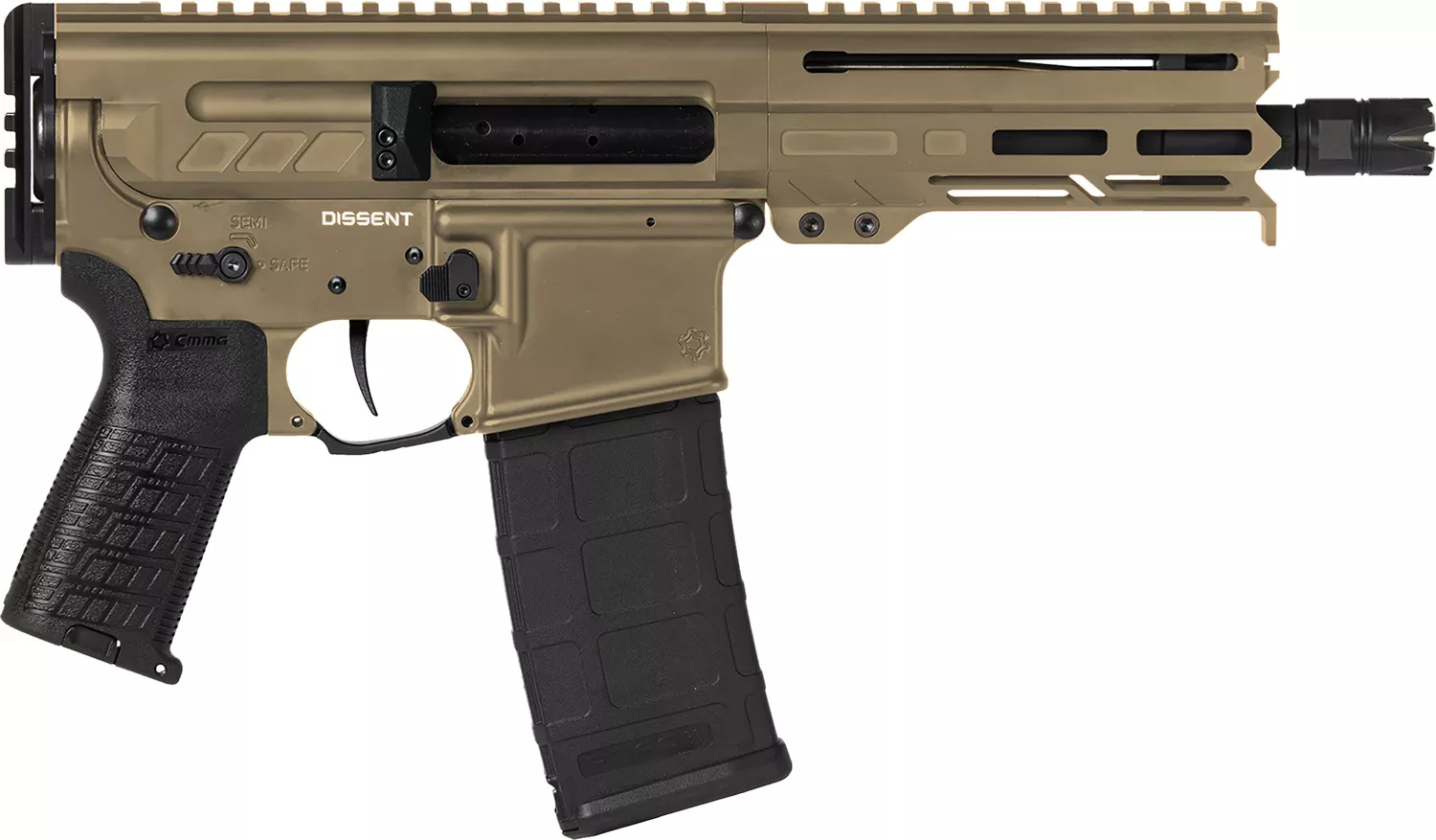 CMMG 55A938FCT Dissent5.56x45mm NATO 30+1 6.50", Coyote Tan Cerakote Rec, OEM Grip, Picatinny Buffer Adapter, Zeroed Drop-In Single Stage Trigger