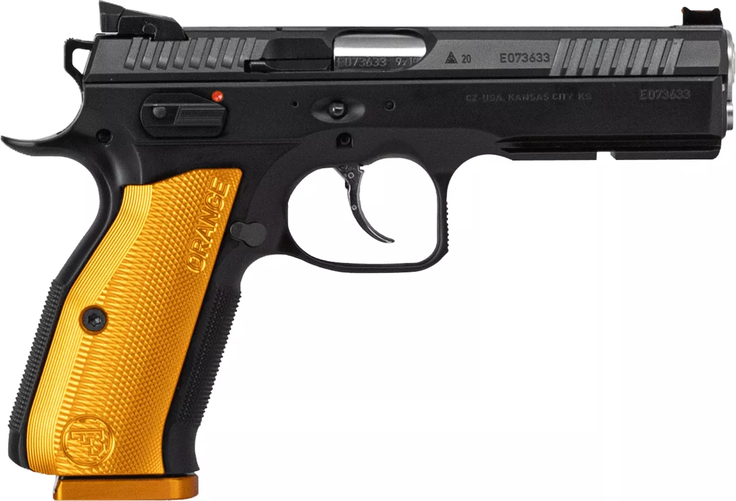 CZ-USA 91248 Shadow 29mm Luger 17+1 4.89″ Stainless Steel Barrel, Black Nitride Optic Cut/Serrated Slide, Black Steel Frame w/Beavertail & Picatinny Rail, Orange Checkered Aluminum Grip