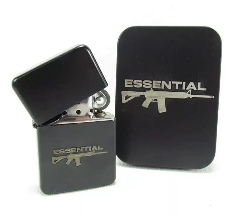 Essential Logo Engraved Star Lighter (Zippo Style) with Tin Case – Matte Black
