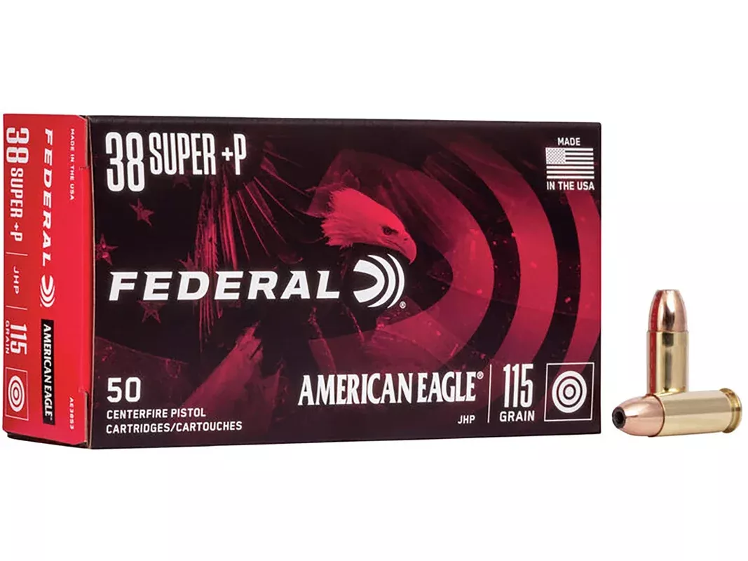 Federal American Eagle 38 Super +P Ammo 115 Grain Jacketed Hollow Point Box of 50