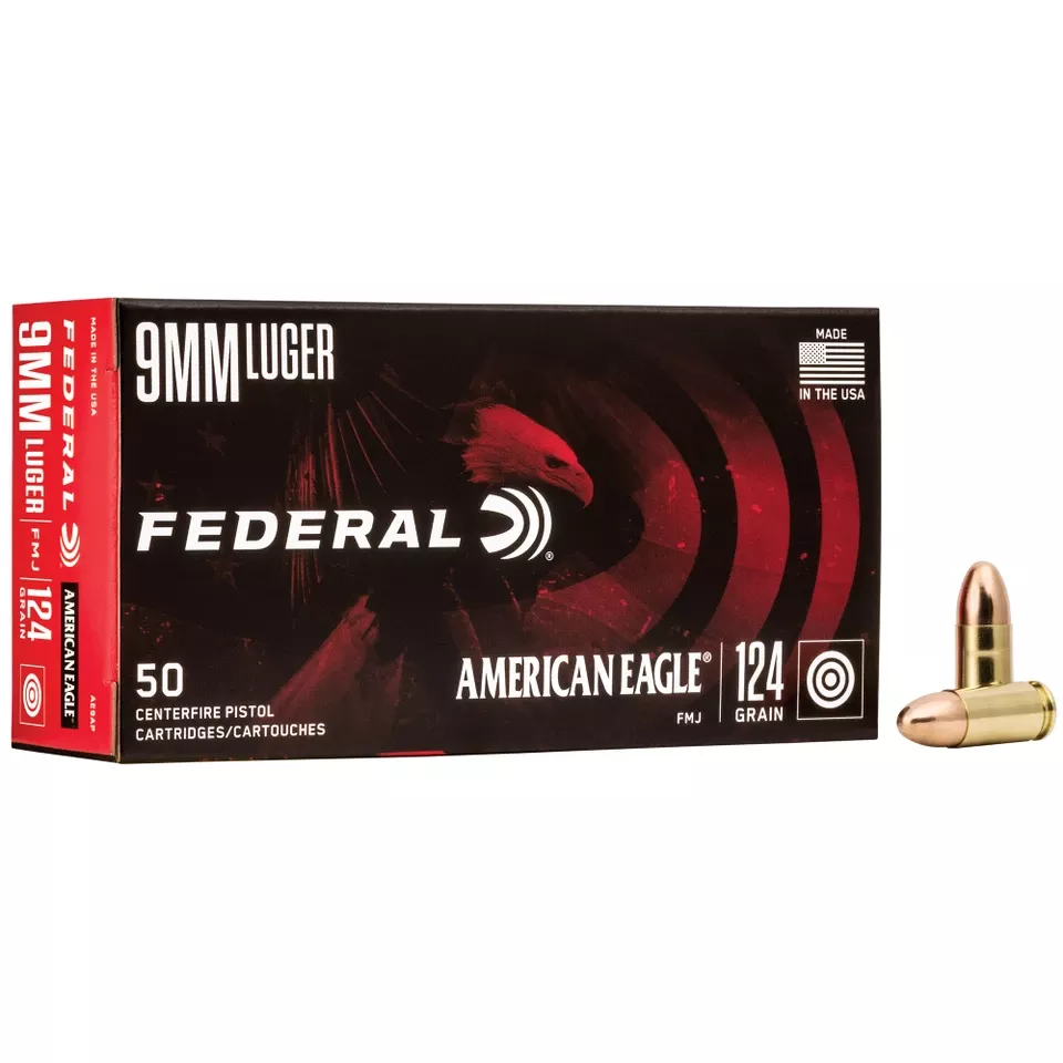 Federal American Eagle 9mm 124 Grain FMJ Ammunition - 50 Rounds/1000 Rounds