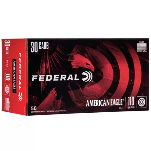 Federal American Eagle Hyper Velocity Centerfire Ammunition, 30 Carbine, Full Metal Jacketed, 110 Grain – 50 Cartridge Box ( 50 / 1 )