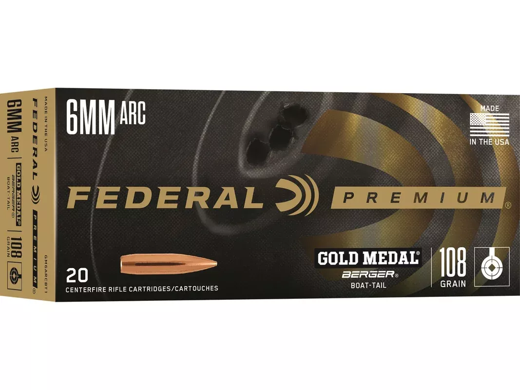 Federal Premium Gold Medal 6mm ARC Ammo 108 Grain Berger Target Jacketed Hollow Point Box of 20